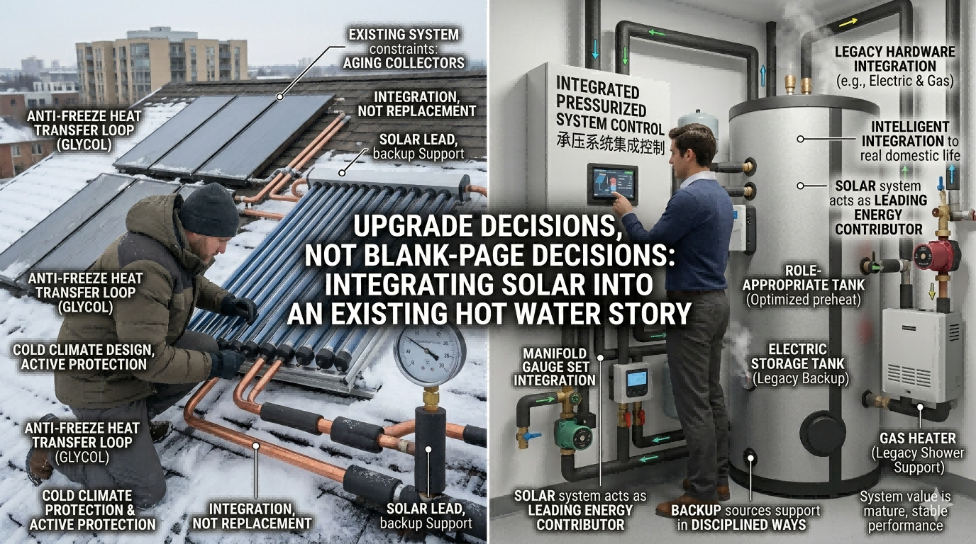How a Pressurized Solar Water Heater Works with Electric Backup, Gas Boosters, Heat Pumps, and Existing Plumbing
